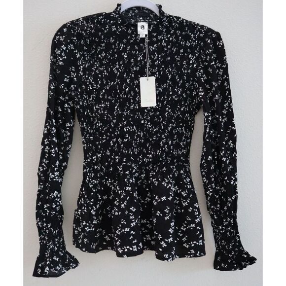 Flawless TT9013BW Women Sz S Black Nighttime Botanics Smocked Peplum L/S Blouse - Picture 1 of 6